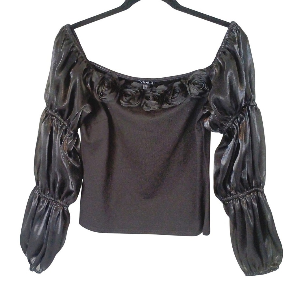 Vintage Venus Black Off Shoulder Top 3D Rosette Metallic Puff Sleeve Size M
